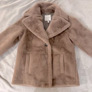 Avec Les Filles Dove Notch Collar Faux Fur Coat Short Wide Lapel Plaid lined XS
